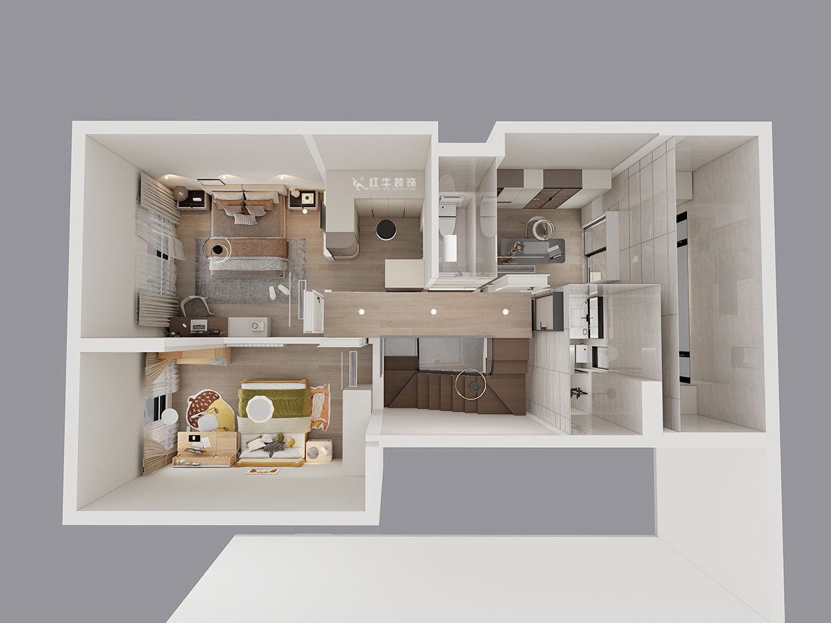 吴波｜华府国际43-1-707-148㎡-轻法风格｜复式｜4室2厅3卫｜旧房装修｜定制家｜全包18万｜00_08二楼鸟瞰图